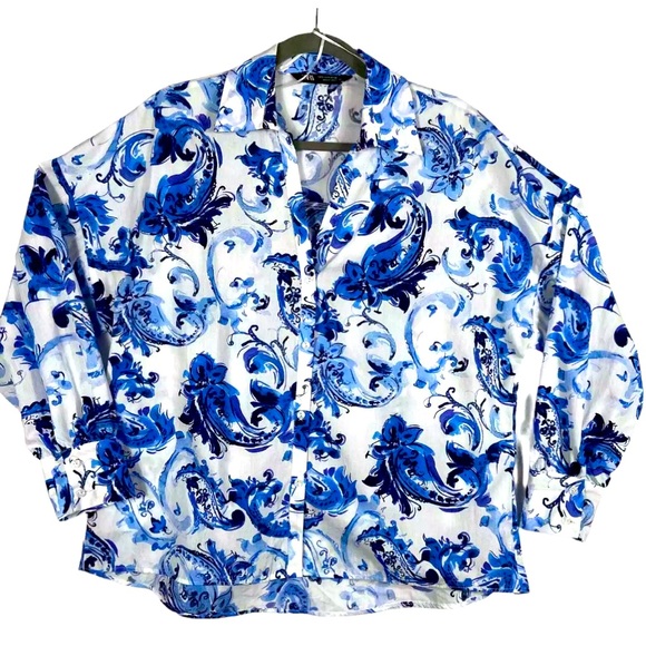 Zara Blue Floral Paisley Poplin Button Front Shirt | Long  Sleeves | Small | New - Picture 2 of 14